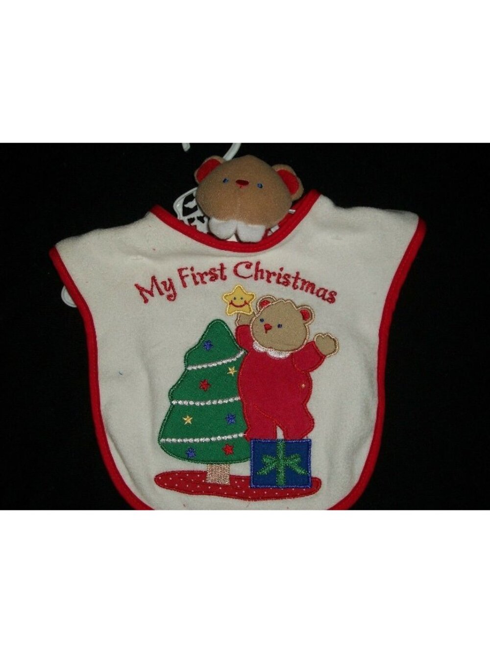 My First Christmas Baby Bib and Bear Rattle Tree White Red Terrycloth